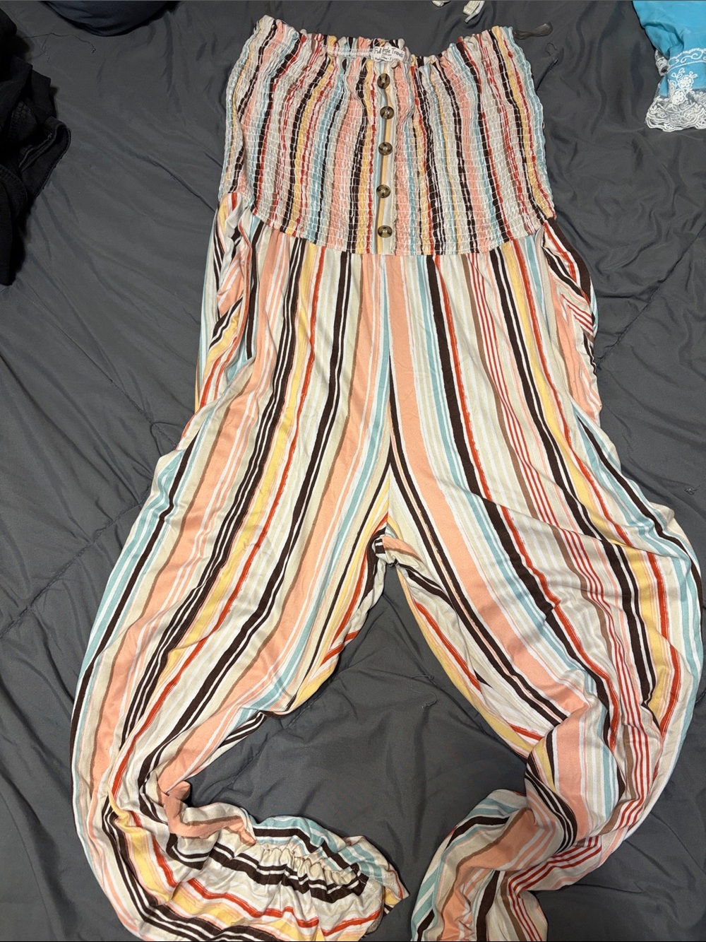 Striped Strapless Smocked Jumpsuit in Peach Multi